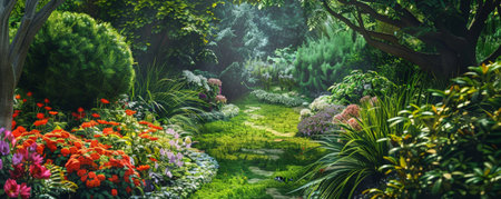 A serene garden background with lush green foliage, colorful flowers, and textured pathways. The tranquil, natural elements create a peaceful, inviting scene.の素材