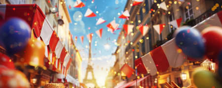 Bastille Day background with a close-up of a festive street fair, featuring food, games, and French flags.の素材