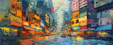 A vibrant cityscape background with colorful buildings, bustling streets, and textured pavement. The lively, urban atmosphere creates an energetic, dynamic scene.の素材