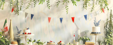 Bastille Day background with a classic French garden party, featuring elegant decor and French flags.の素材