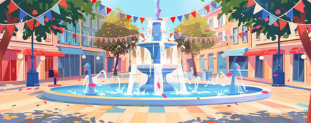 Bastille Day background with a vibrant celebration in a French town square, featuring a fountain and tricolor decorations.の素材