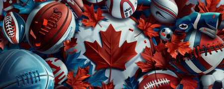 Canada Day background with a creative collage of Canadian sports icons and patriotic symbols.の素材