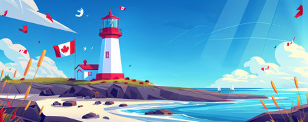 Canada Day background with a scenic view of a Canadian lighthouse on the coast, decorated with flags.の素材