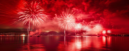 Canada Day background with a night sky filled with red and white fireworks over a lake.の素材