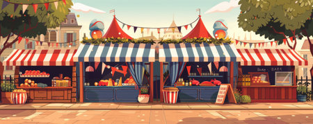 Bastille Day background with a vintage-inspired French market scene, with stalls and patriotic decorations.の素材