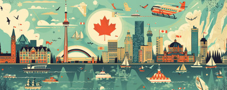 Canada Day background with a vintage travel poster style featuring famous Canadian landmarks and symbols.の素材