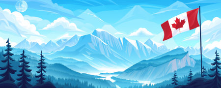 Canada Day background with a scenic view of the Rocky Mountains and a waving Canadian flag.の素材