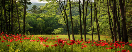 Canada Day background with a scenic view of a forest with maple trees in full bloom.の素材