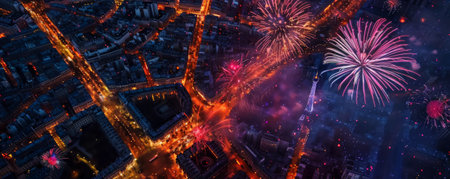 Bastille Day background with an aerial view of Paris during the celebrations, showcasing fireworks and illuminated landmarks.の素材