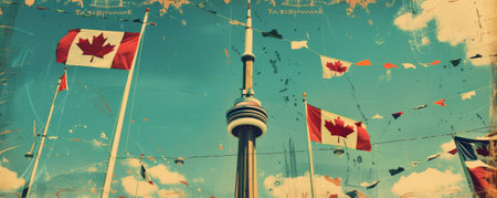 Canada Day background with a vintage postcard style featuring the CN Tower and Canadian flags.の素材