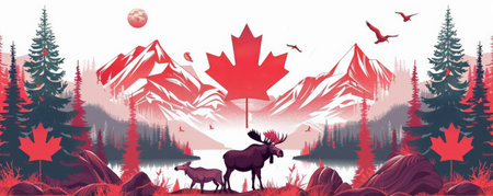 Canada Day background with a detailed illustration of iconic Canadian wildlife such as moose and beavers.の素材