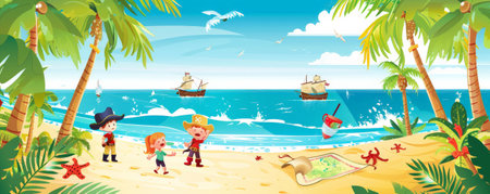 Children's Day background featuring kids enjoying an outdoor adventure, with a treasure map, pirate hats, and a background of palm trees, sandy beaches, and a blue ocean.の素材