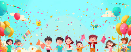 Children's Day background with a fun parade, children dressed in costumes, holding flags, and a background of vibrant floats, confetti, and cheering crowds.の素材