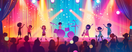 Children's Day background showcasing kids performing in a talent show, a stage with bright lights, musical instruments, and a cheering audience with a backdrop of vibrant curtains.の素材