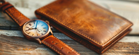 Father's Day background with a vintage style featuring a leather wallet and a wristwatch.の素材