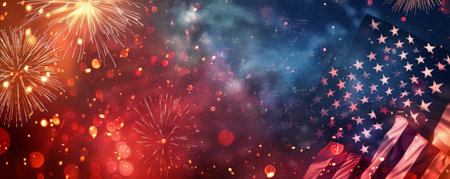 Independence Day USA background featuring a starry night sky with red, white, and blue fireworks.の素材