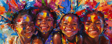 Juneteenth background with a close-up of African American children in traditional attire, colorful face paint, and joyful expressions, set against a backdrop of a lively celebration.の素材
