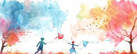 International Friendship Day background with a whimsical, watercolor painting of friends flying kites together in a park, with vibrant, flowing colors and a sense of joy.の素材