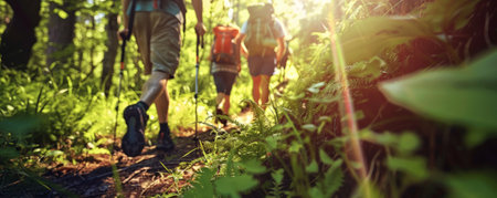 International Friendship Day background with friends hiking together, the trail winding through a lush forest with detailed textures and sunlight filtering through the trees.の素材