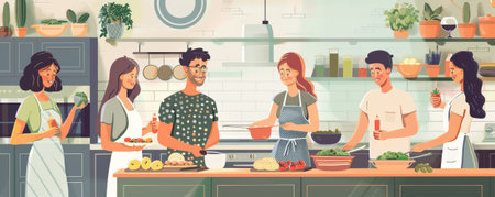 International Friendship Day background showcasing friends at a cooking class, preparing dishes together, surrounded by vibrant ingredients and a joyful kitchen atmosphere.の素材