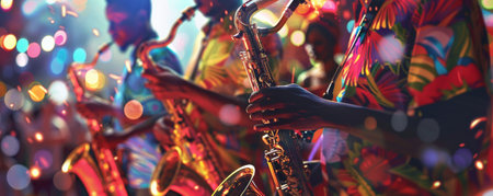 Juneteenth background with a close-up of African American musicians playing traditional instruments, colorful attire, and vibrant energy, set against a backdrop of a festive crowd.の素材