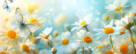 Mother's Day background with a light blue and yellow color scheme featuring daisies and butterflies.の素材