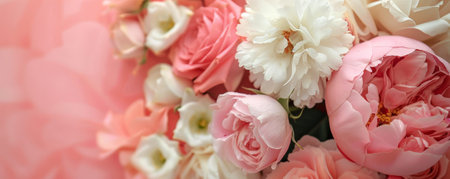 Mother's Day background with a pink and white color scheme featuring roses and peonies.の素材