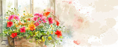 Mother's Day background with a watercolor painting of a flower-filled window box.の素材
