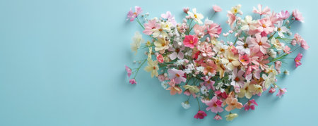 Mother's Day background with a pastel-colored heart made of small flowers.の素材