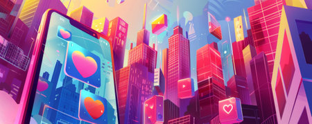 Social Media Day background featuring a digital illustration of a smartphone with social media notifications, likes, and shares, set against a backdrop of a colorful cityscape.の素材