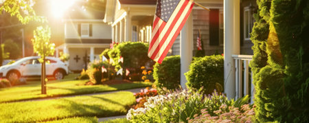 National Flag Day (USA) background with a family raising an American flag in their front yard, surrounded by lush green grass, flowers, and a sunny suburban neighborhood.の素材