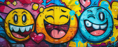 World Emoji Day background with a vibrant graffiti style, featuring emojis as street art on an urban backdrop.の素材