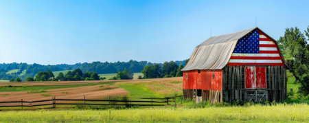National Flag Day (USA) background with an American flag painted on a rustic wooden barn, surrounded by a rural landscape with fields, trees, and a clear blue sky.の素材
