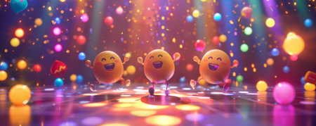 World Emoji Day background with a dynamic dance party scene, with emojis dancing and colorful lights.の素材