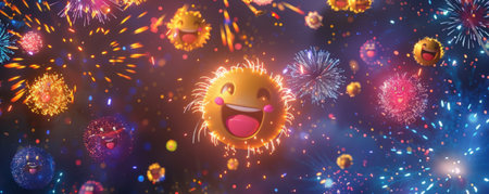 World Emoji Day background with a festive fireworks display, featuring emojis as the fireworks against a dark sky.の素材