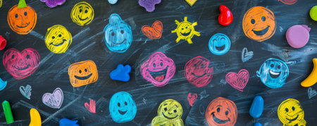 World Emoji Day background with a chalkboard texture and colorful emojis drawn with chalk.の素材