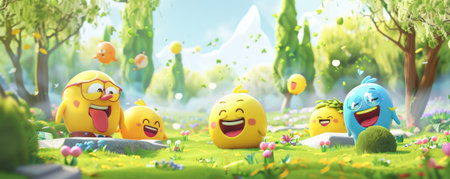 World Emoji Day background featuring a collection of giant emojis in a grassy park setting, interacting with each other.の素材