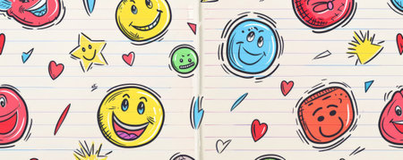 World Emoji Day background with a hand-drawn style featuring doodles of emojis on a notebook paper texture.の素材