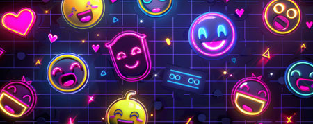 World Emoji Day background with a retro, 80s-inspired design featuring neon emojis on a black grid background.の素材