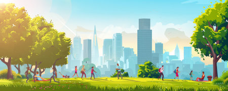 International Friendship Day background featuring friends in a vibrant, bustling city park, playing frisbee, having picnics, and enjoying the greenery and sunshine.の素材