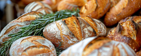 A bakery display with various types of bread, including sourdough, ciabatta, and whole grain, with a few sprigs of rosemary. Bright, inviting lighting highlights the details.の素材
