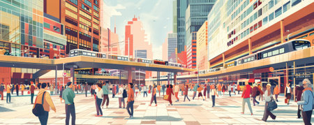 A bustling city plaza background with busy pedestrians, modern architecture, and the textures of urban design and vibrant activity, creating a dynamic and lively urban scene.の素材