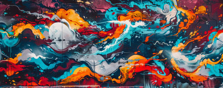 A bustling street art festival background with colorful murals, talented artists, and the textures of urban walls and vibrant graffiti, creating a dynamic and creative atmosphere.の素材