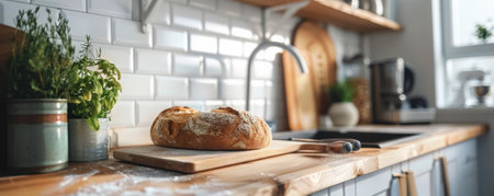 A modern kitchen counter with freshly baked bread, a cutting board, and a bread knife. Bright, clean lighting enhances the freshness and detail.の素材