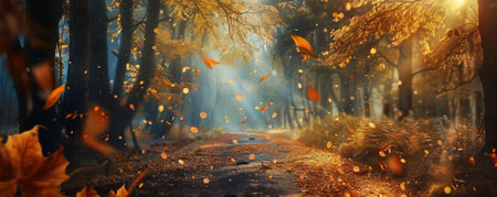 A serene autumn forest path background with falling leaves, dappled sunlight, and the textures of crunchy foliage and tranquil surroundings, creating a peaceful and picturesque seasonal scene.の素材
