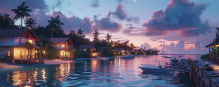 A serene coastal village at dusk background with calm waters, charming houses, and the textures of warm lights and tranquil ambiance, creating a peaceful and picturesque coastal retreat.の素材