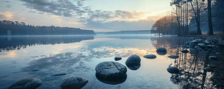 A serene evening lake background with still waters reflecting the twilight sky, silhouetted trees, and the textures of smooth stones and soft ripples, creating a peaceful and calming scene.の素材