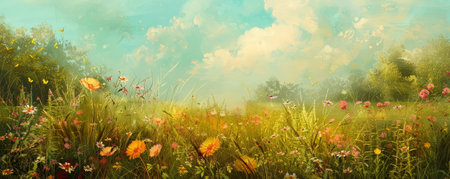 A serene countryside in summer background with blooming flowers, gentle breezes, and the textures of lush grasses and vibrant colors, creating a peaceful and picturesque seasonal scene.の素材