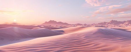 A serene desert landscape at dawn background with towering dunes, soft hues, and the textures of rippling sands and early morning light, creating a peaceful and expansive natural scene.の素材