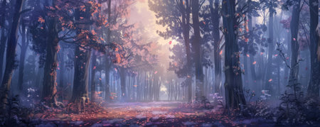 A serene forest clearing at dusk background with soft twilight colors, towering trees, and the textures of fallen leaves and gentle breeze, creating a peaceful and magical scene.の素材